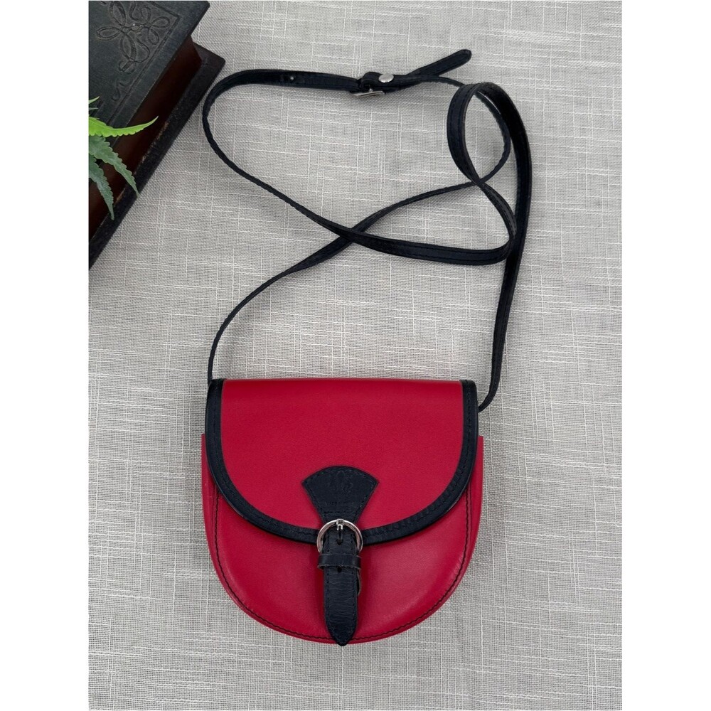 Vintage Italian Leather Red Black Saddle Crossbody Bag Equestrian Mini Purse